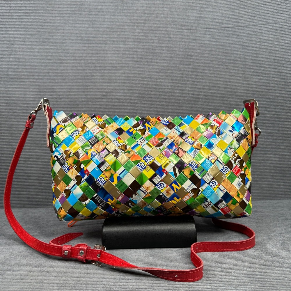 Nahui Ollin Recycled Candy Wrapper Woven Crossbody Bag Red Strap Eco Friendly